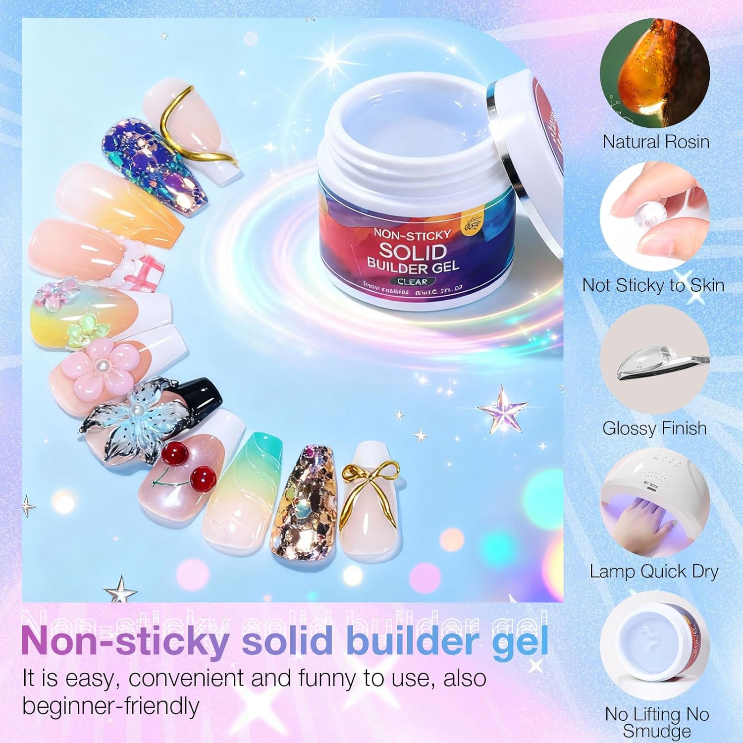 All-in-One Solid Builder Nail Gel Kit: 60g Hard Gel with 3D Mold, 6-Color Powders & Nail Art Tools (Nail File, Cuticle Pusher, Pen), Non-Sticky for Nail Extension, DIY Salon, UV/LED Cured