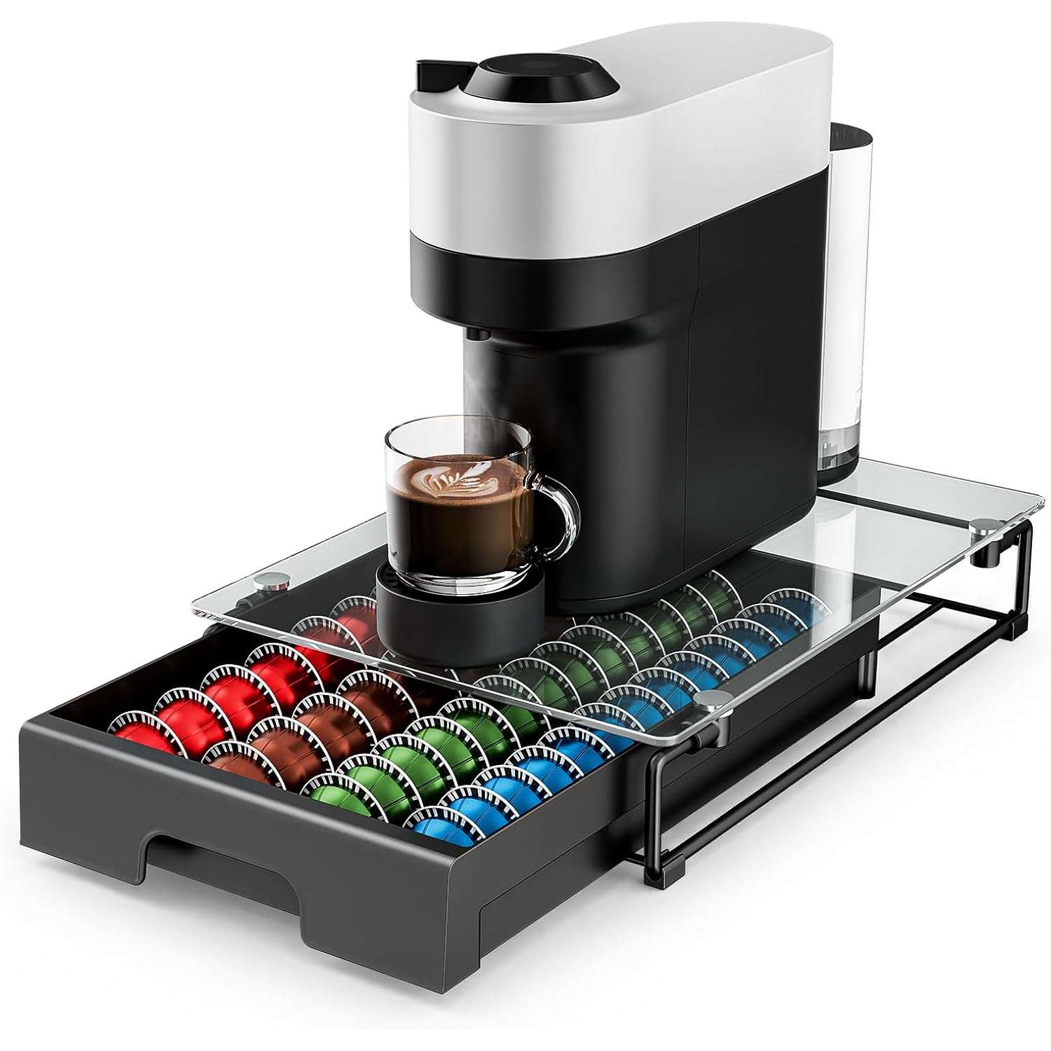 Everie Nespresso Vertuo Pod Holder Drawer, Coffee Pod Organizer With Universal Slots, Holds 40 Large Or 52 Small Capsules, Tempered Glass Top Storage Drawer For Coffee Makers, 12" X 16.5" X 3.5"