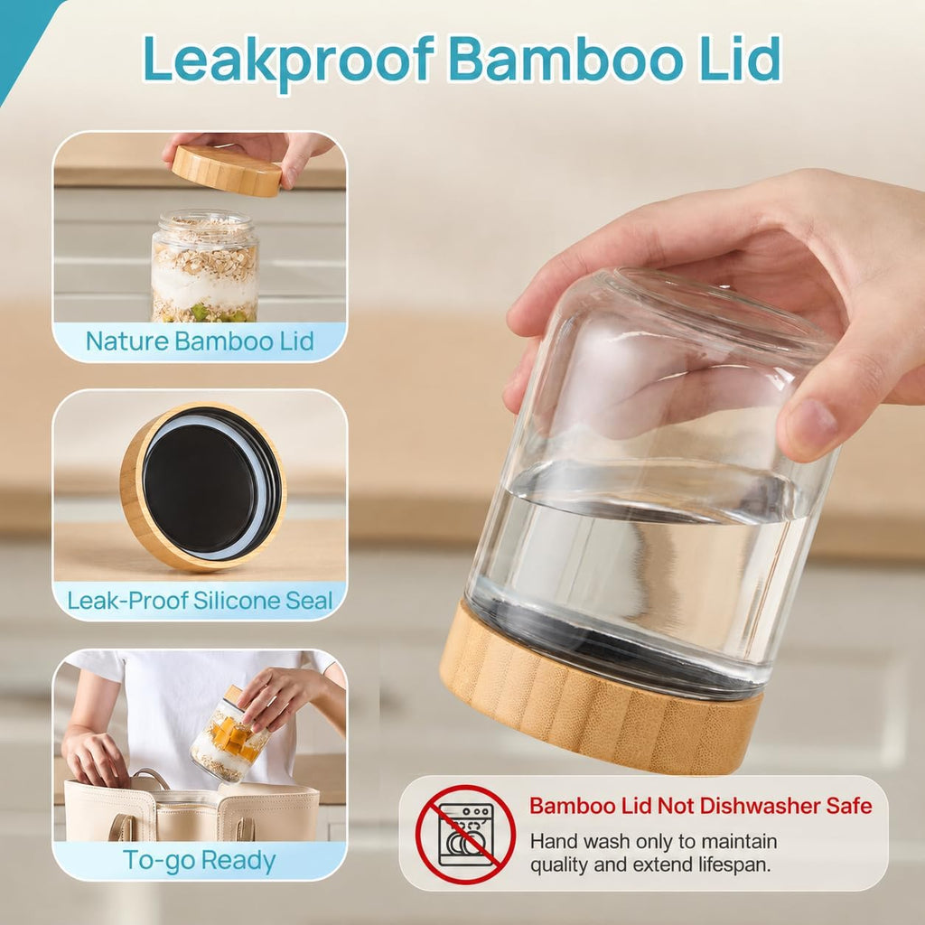 Vtopmart 6 Pack 16Oz Glass Overnight Oats Containers With Bamboo Lids, Portable Wide Mouth Glass Jars Leak Proof, Reusable Glass Food Storage Containers For Yogurt Chia Pudding Salad Pickling Snacks