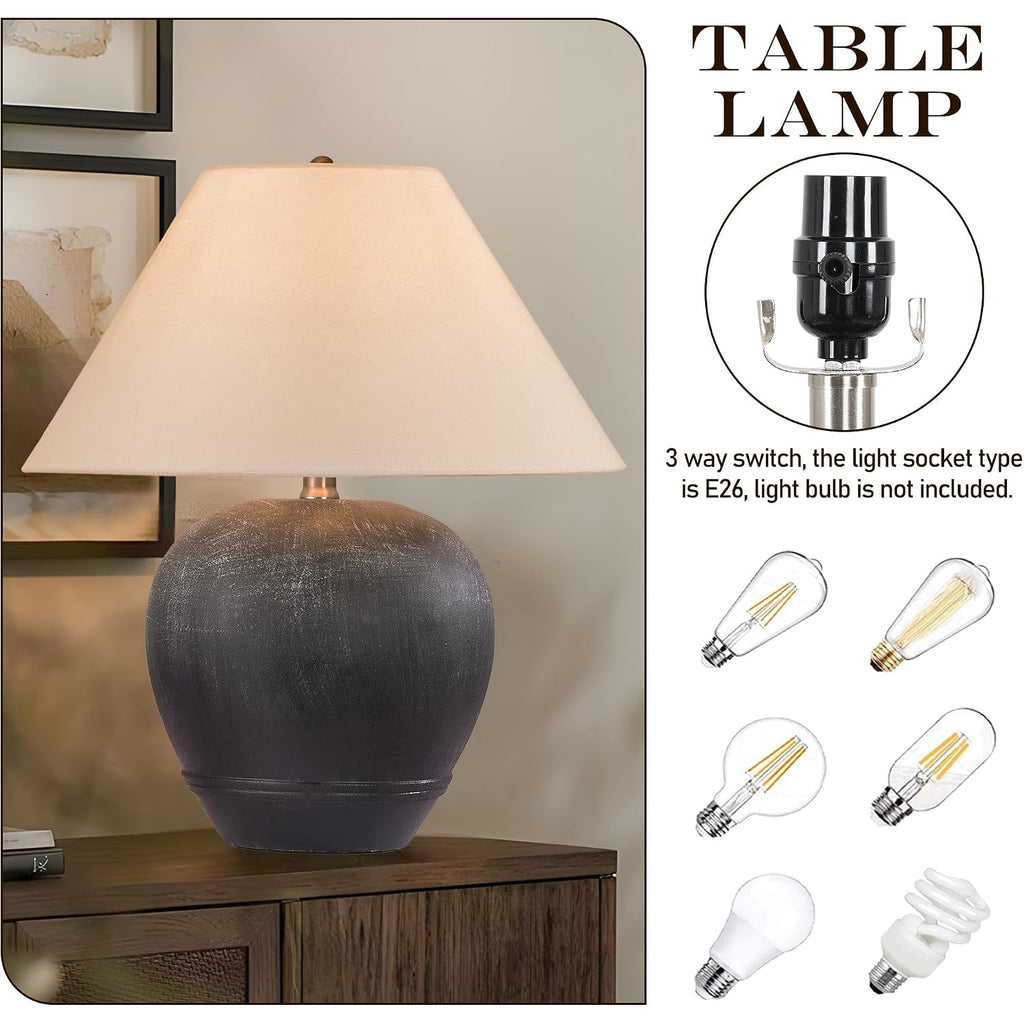 21'' Large Gray Base Ceramic Basin Table Lamp Set Of 2 For Bedroom, Living Room, Dining Room, Office, White Shade,White Smudged Black Base