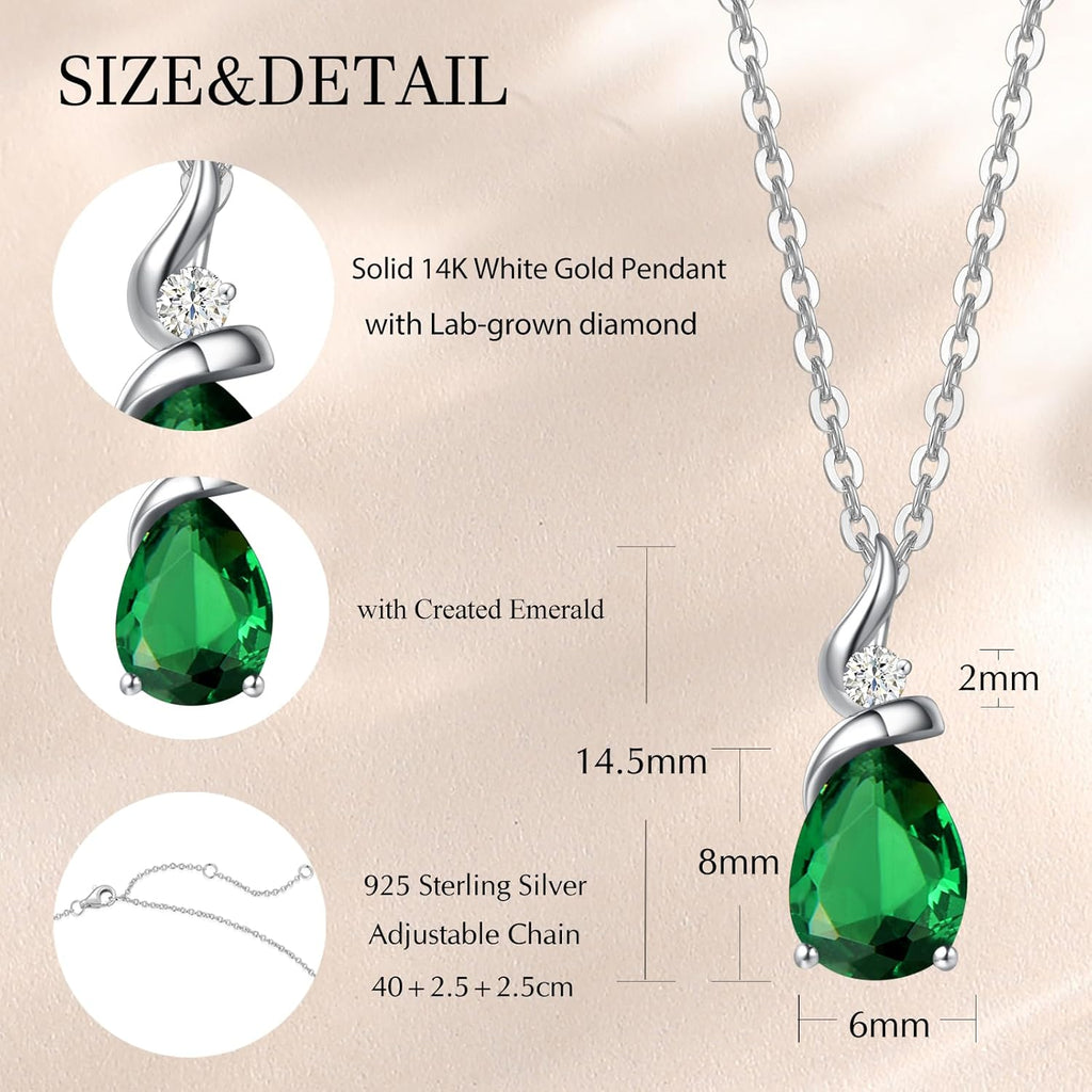 FANCIME 14K Solid White Gold Birthstone Pendant Necklace for Women with Diamond Pear Shaped Teardrop Necklace Birthday Gifts for Mom Women Sterling Silver Chain 16" + 2" Extender