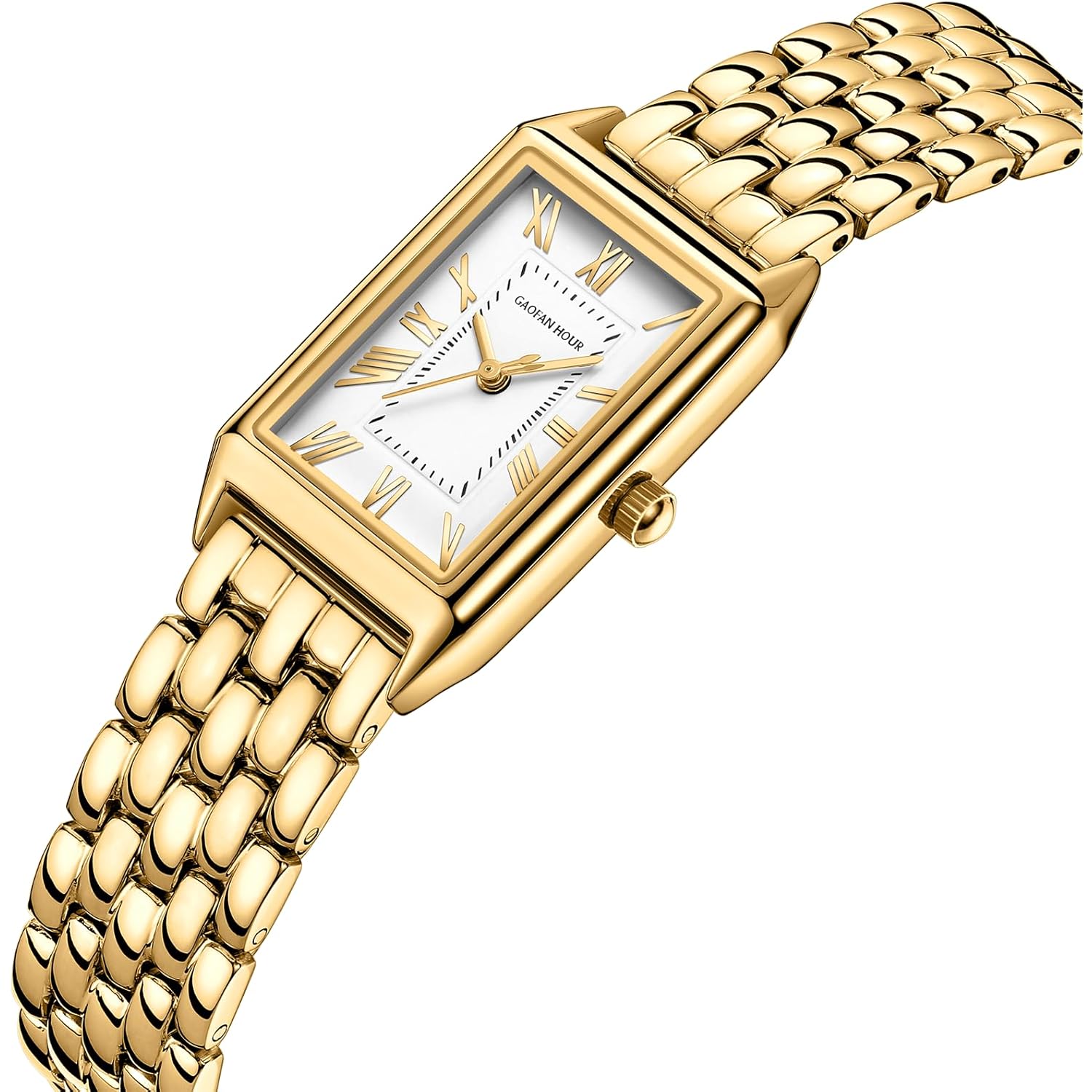 Gold Watches for Women with Vintage Rectangular Case,White Roman Dial,Stainless Steel Band,Adjustment Tool Included,Water Resistant