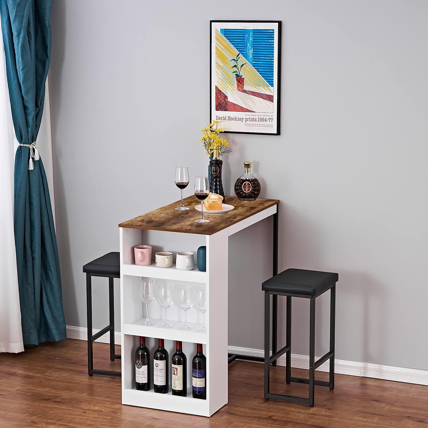Panana 3 Piece Dining Table Set Kitchen Bar Table With Two Stool Storage Shelves Wood Counter Height Table Top With Sew Kerf Finish Dining Room Home