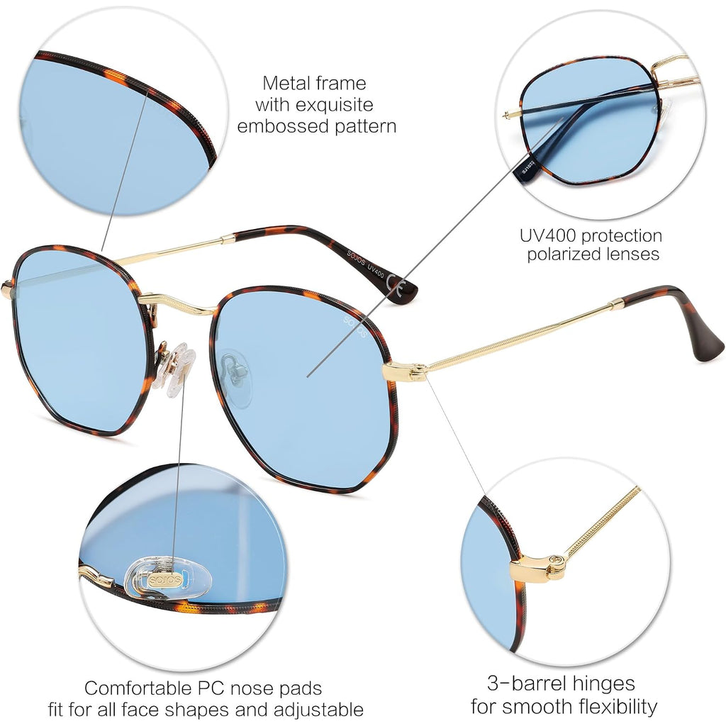 SOJOS Square Polarized Sunglasses for Women Men Small Hexagonal Polygon Shades SJ1072 Light Blue