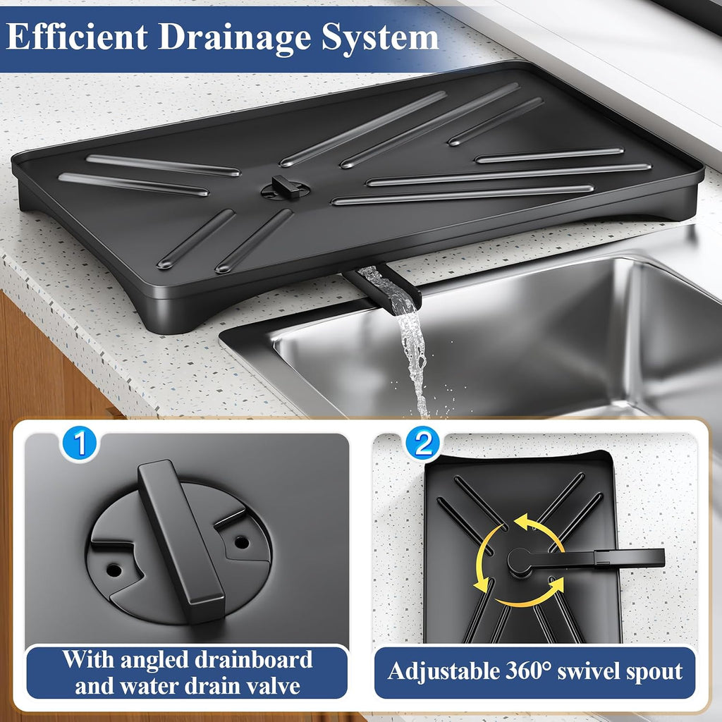 Sntd Dish Drying Rack For Kitchen Counter - Large Dish Rack With Drainboard, Rustproof Dish Drainer With Utensil Holder For Sink, Black