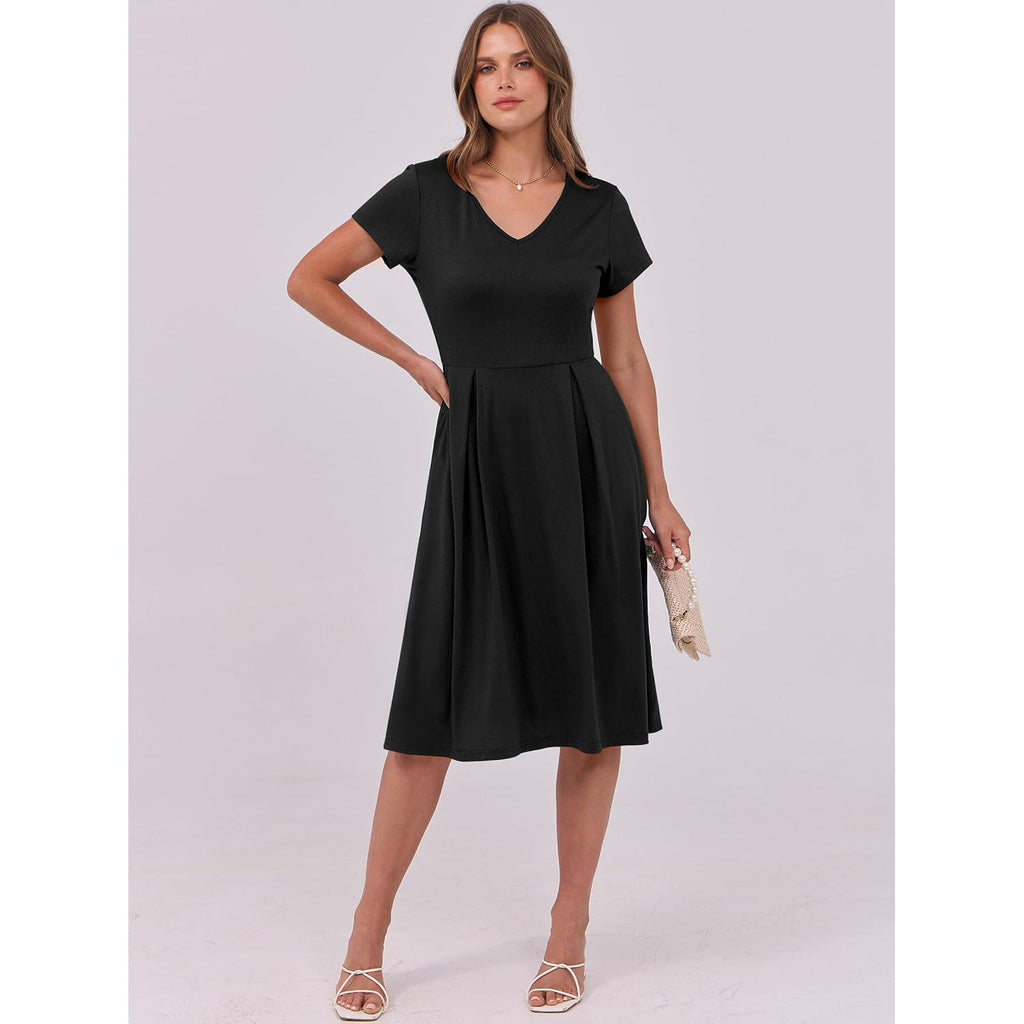 Women Summer Dress Casual Short Sleeve V Neck A-Line Knee Length Pleated Flowy 2026 Fashion Midi Dresses with Pocket