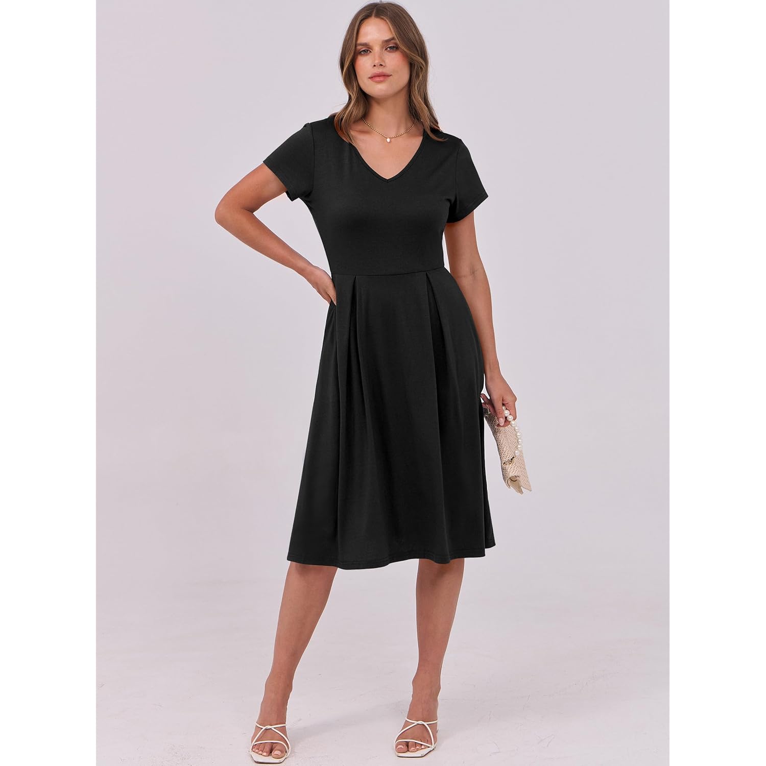 Women Summer Dress Casual Short Sleeve V Neck A-Line Knee Length Pleated Flowy 2026 Fashion Midi Dresses with Pocket