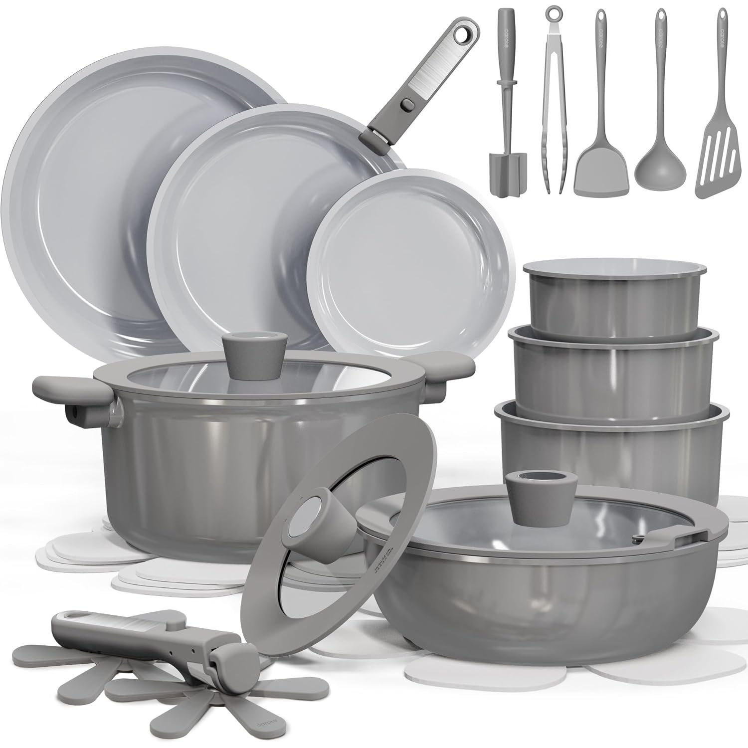 CAROTE 27pcs Ceramic Cookware Set Nonstick, Pots and Pans Set Non Stick, Non Toxic Cookware Detachable Handles, Dishwasher/Oven Safe, RV/Camping Cookware with Kitchen Utensils, Gray