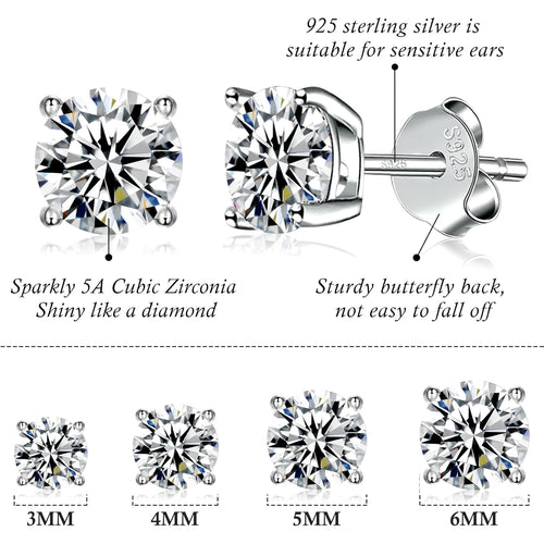 925 Sterling Silver Stud earrings Set | White Gold Plated Hypoallergenic Stud Earrings | Cubic Zirconia Stud Earrings for Women (2mm,3mm,4mm,5mm,6mm,7mm) 8 CZ colors options