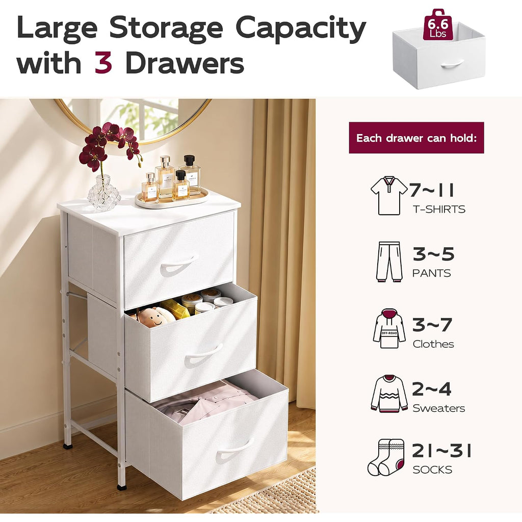Wlive Nightstand With 3 Drawers, Fabric Dresser, Organizer Unit, Storage Dresser For Bedroom, Hallway, Entryway, Closets, Sturdy Steel Frame, Wood Top, Easy Pull Handle, White