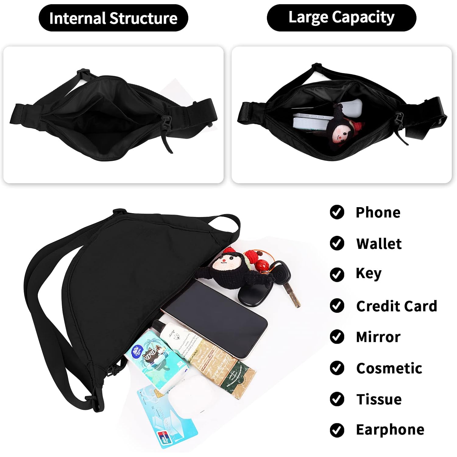 Nylon Crescent Crossbody Bag For Women Purses Trendy Men,Small Travel Sling Bag Hobo