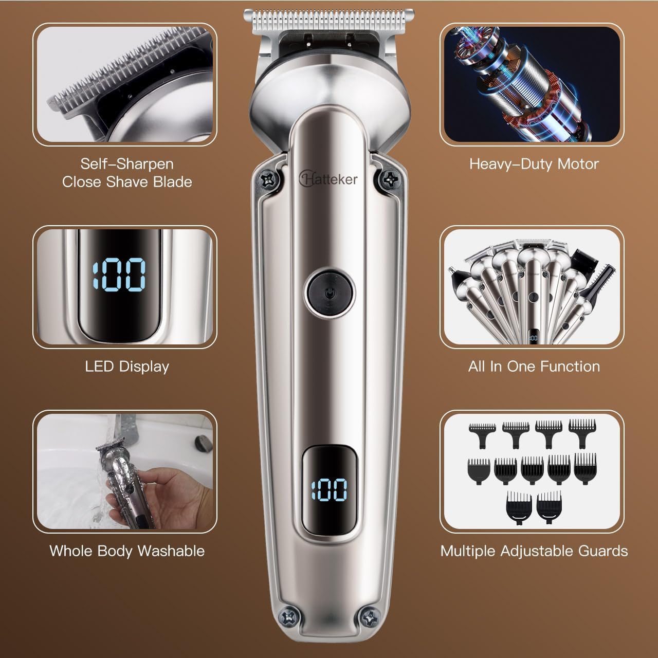 Hatteker Beard Trimmer For Men, Waterproof Hair Trimmer Electric Razor, Cordless Hair Clippers Shavers For Men, Shaving Kit For Nose Mustache Body Facial, Beard Grooming Kit 7 In 1