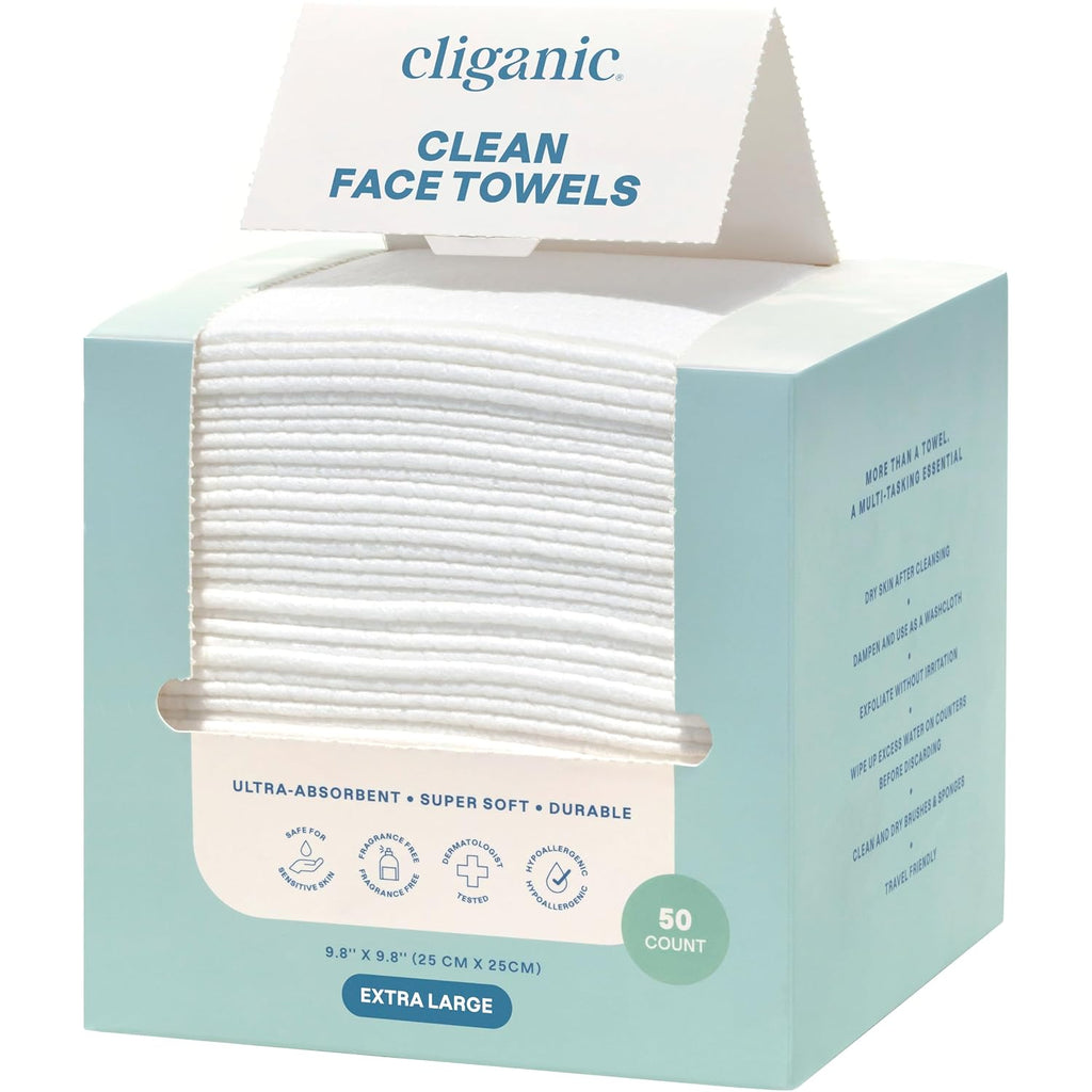 Cliganic Clean Face Towels Xl, Disposable, Ultra-Absorbent, Hypoallergenic & Soft - Makeup Remover Dry Wipes, Pamper Your Face, Feel Fresh & Radiant, Hygienic Towelettes, For All Skin Types (50 Ct)