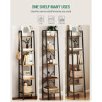 Hzuaneri Ladder Shelf, Bookshelf Bookcase, Freestanding Corner Storage Shelve With 2 Hooks For Home Office, Living Room, Kitchen, Bedroom, Industrial, 11.8" D X 13.4" W X 63" H, Rustic Brown Bc03201B