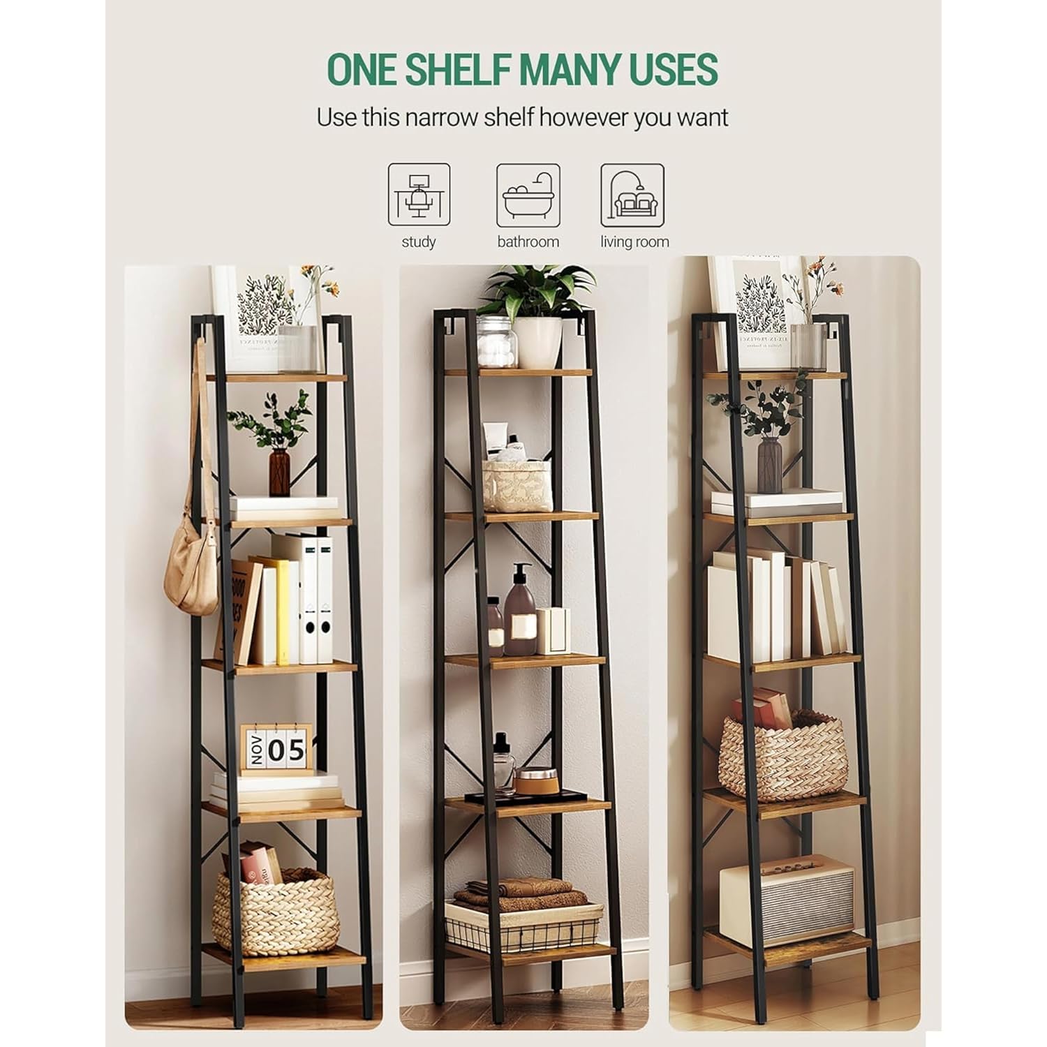 Hzuaneri Ladder Shelf, Bookshelf Bookcase, Freestanding Corner Storage Shelve With 2 Hooks For Home Office, Living Room, Kitchen, Bedroom, Industrial, 11.8" D X 13.4" W X 63" H, Rustic Brown Bc03201B