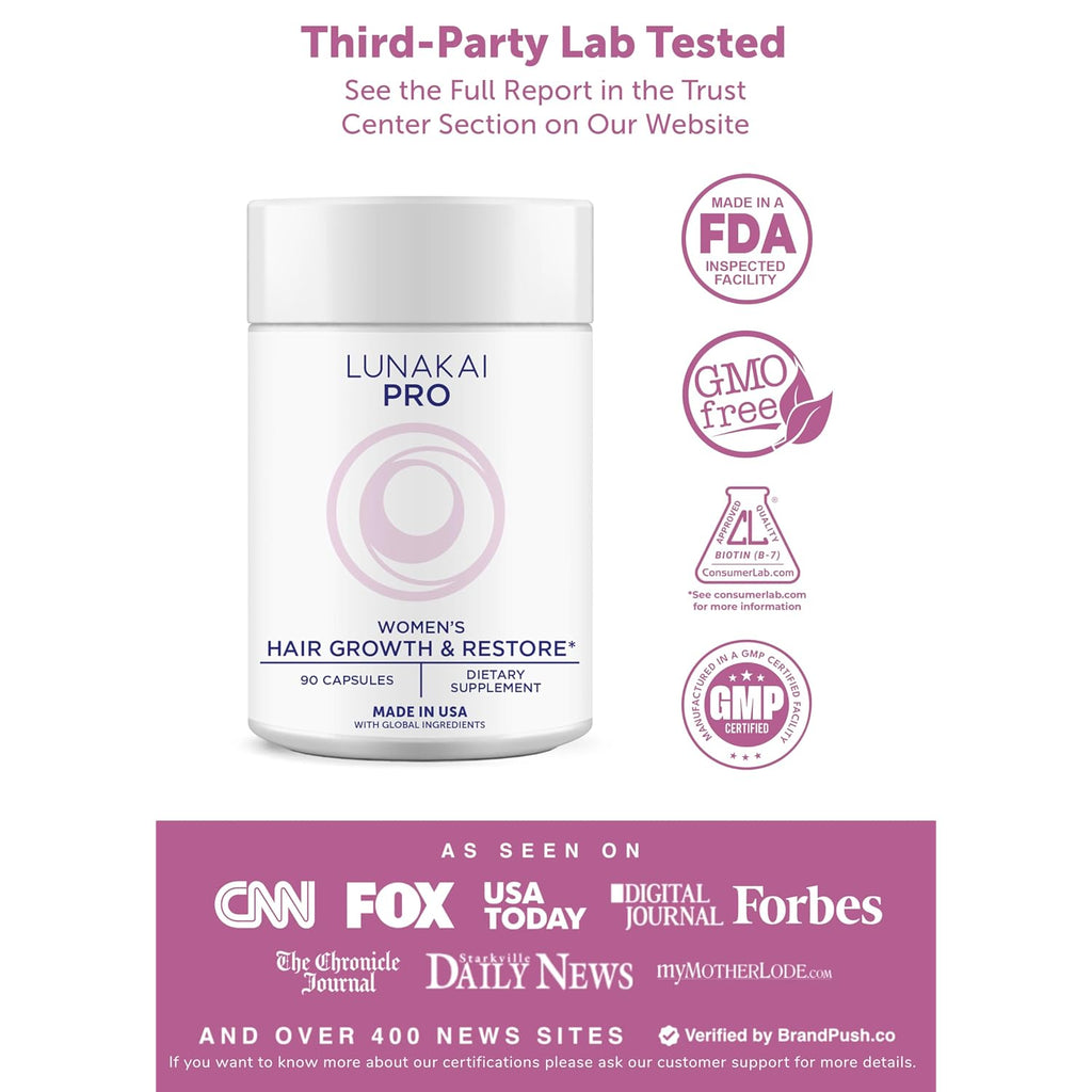 Lunakai Usa Made Hair Growth Supplement For Women - Advanced 20 Nutrient With Marine Collagen, Saw Palmetto, Biotin & Keratin - Daily Hair Vitamins For Thicker Strands - 90 Capsules