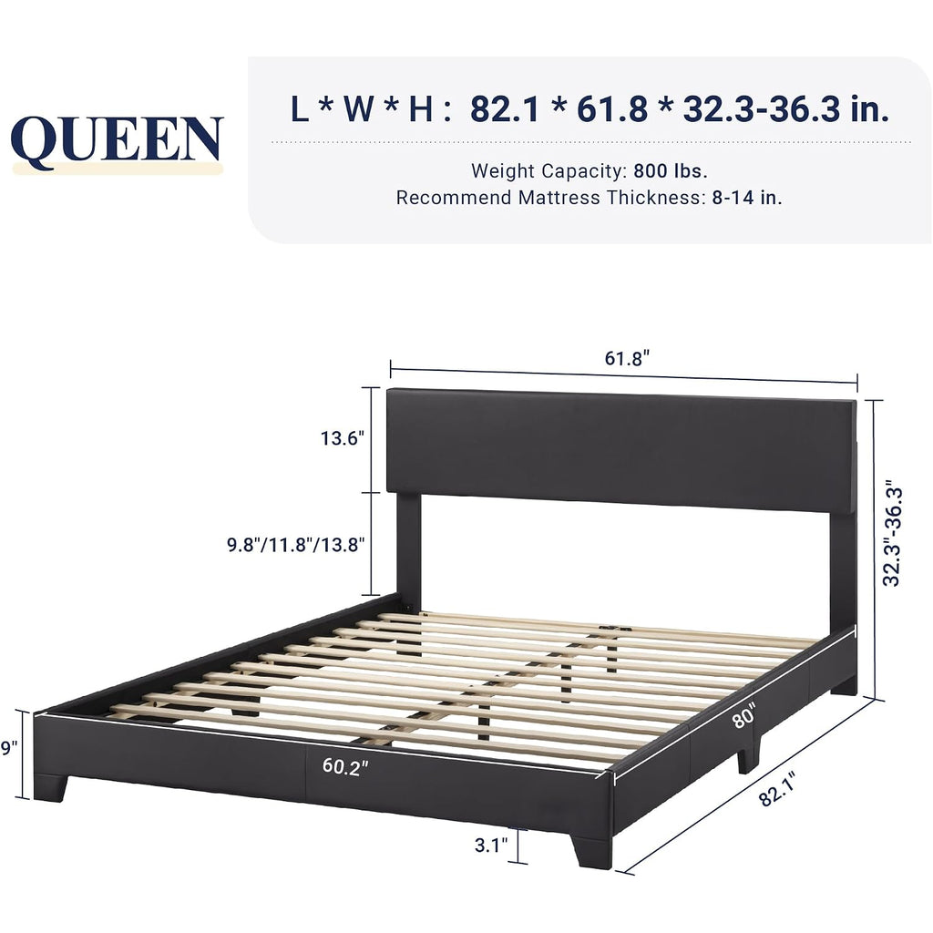 Allewie Queen Size Faux Leather Bed Frame, Adjustable Headboard, Black