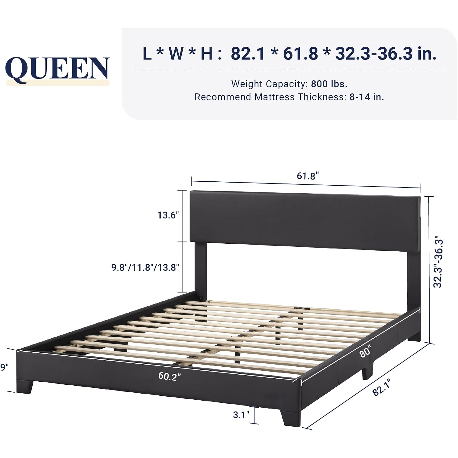 Allewie Queen Size Faux Leather Bed Frame, Adjustable Headboard, Black