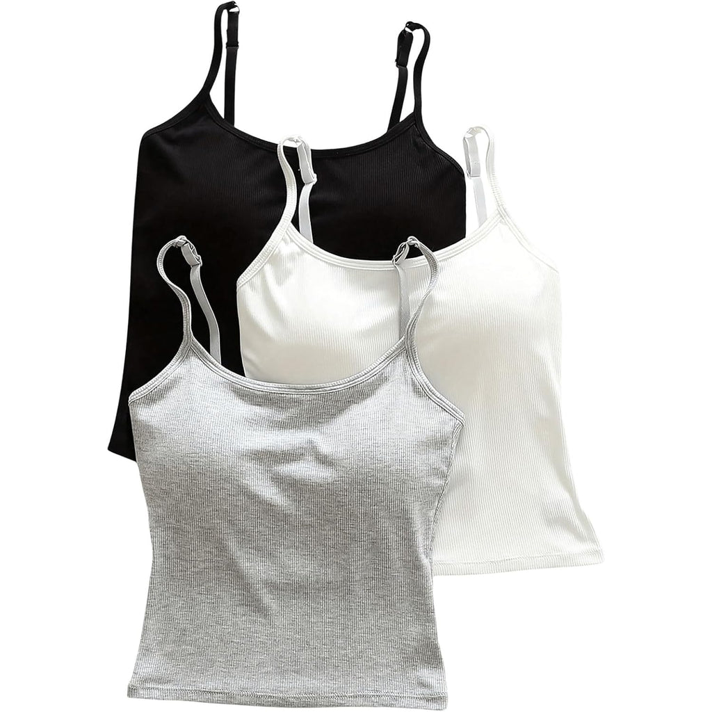 Women's 3 Pack Cami Crop Top Built in Bra Spaghetti Strap Camisole Tops