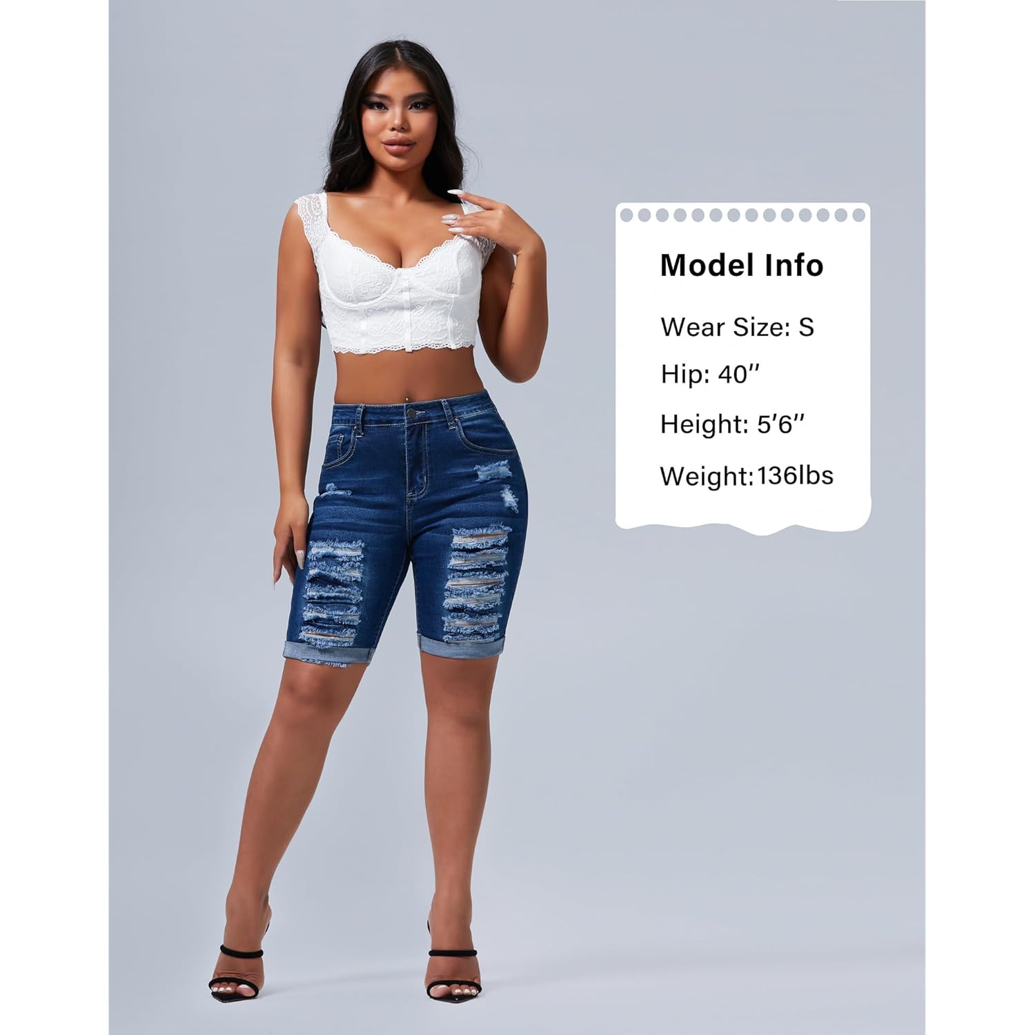 Women's Distressed Knee Length Ripped Stretchy Jean Shorts