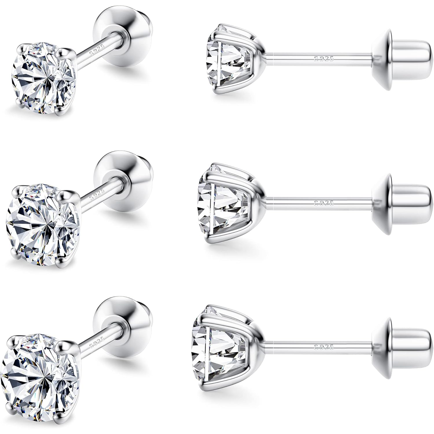 FASACCO 925 Sterling Silver Stud Earrings 18K White Gold Plated Screw Back Earrings for Women Girls Hypoallergenic Cubic Zirconia Earrings Studs 3MM 4MM 5MM Sparkling CZ Over 36 Months Old