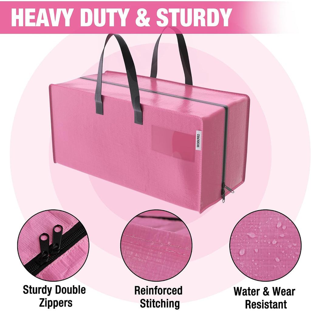 Workpro 6 Pack Extra Large Moving Bags With Zippers & Carrying Handles Backpack Straps, Heavy-Duty Storage Tote For Space Saving Moving Storage (Pink)