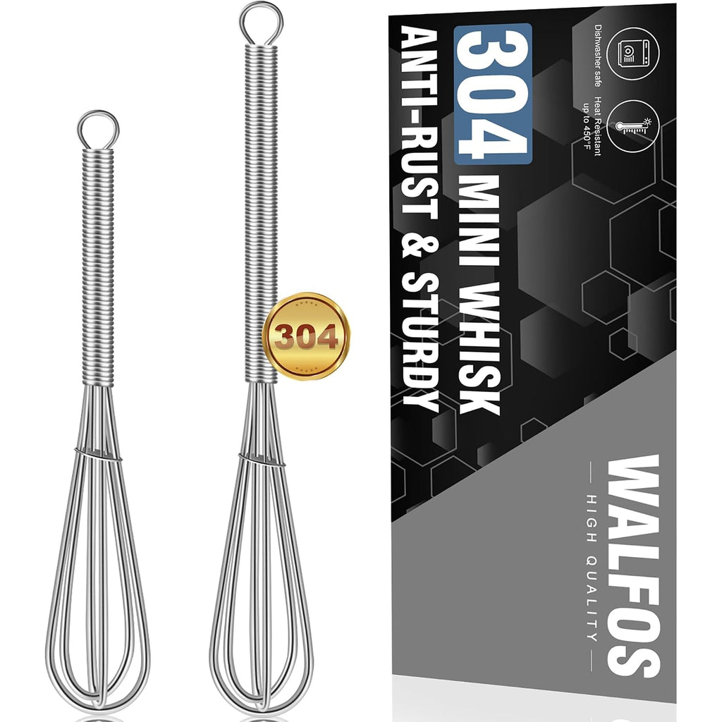Walfos Mini Whisks Stainless Steel, Small Whisk 2 Pieces, 5In And 7In Tiny Whisk For Whisking, Beating, Blending Ingredients, Mixing Sauces