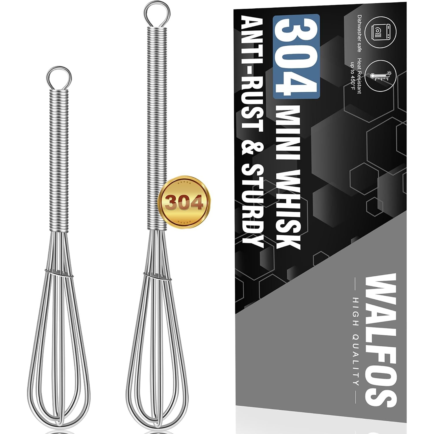 Walfos Mini Whisks Stainless Steel, Small Whisk 2 Pieces, 5In And 7In Tiny Whisk For Whisking, Beating, Blending Ingredients, Mixing Sauces