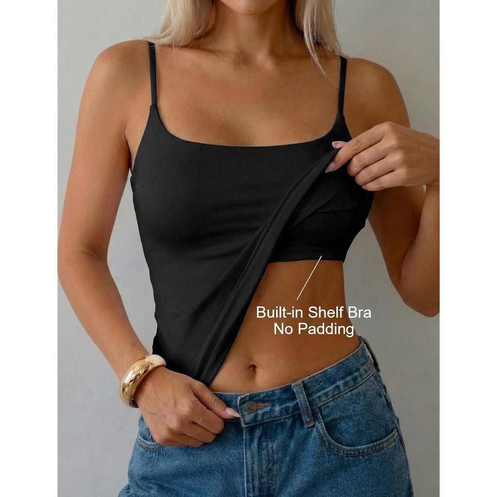 Women Cotton Cami Tops Built-in Shelf Bra Unpadded Square Neck Crop Tank Top Fitted Basic Camisole Going Out Tees