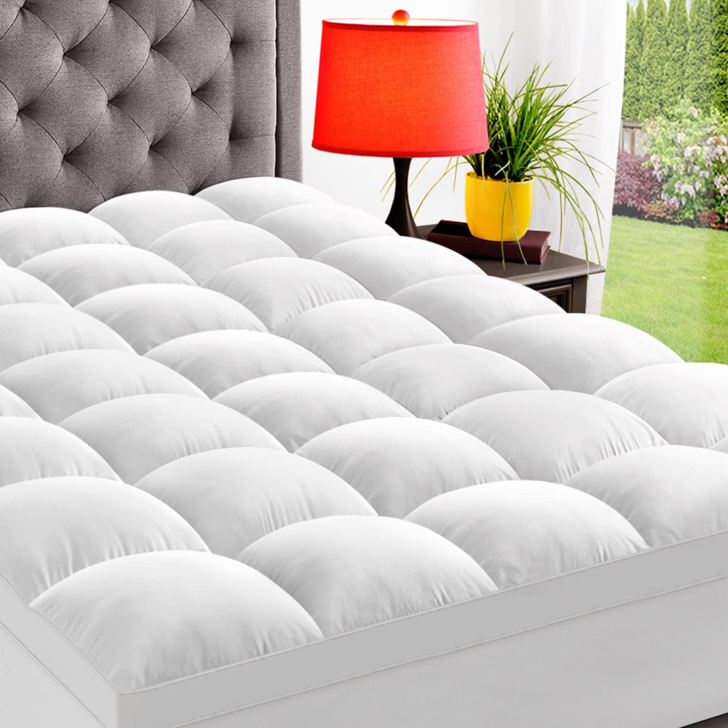 ELEMUSE Queen Mattress Topper for Back Pain, Extra Thick Mattress Pad Cover, Plush Soft Pillowtop with Elastic Deep Pocket, Overfilled Down Alternative Filling