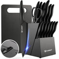 16 Piece Kitchen Knife Set with Block & Cutting Board, German Stainless Steel Knife Set with Heat-Sealed Over-molded Handles, Dishwasher Safe & Anti-Flaking Non-Stick Coating, Black