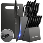16 Piece Kitchen Knife Set with Block & Cutting Board, German Stainless Steel Knife Set with Heat-Sealed Over-molded Handles, Dishwasher Safe & Anti-Flaking Non-Stick Coating, Black