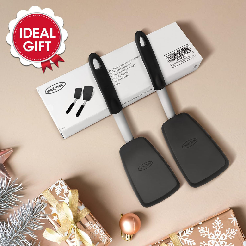 Unicook 2 Pack Flexible Silicone Spatula, Turner, 600F Heat Resistant, Ideal For Flipping Eggs, Burgers, Crepes And More, Black