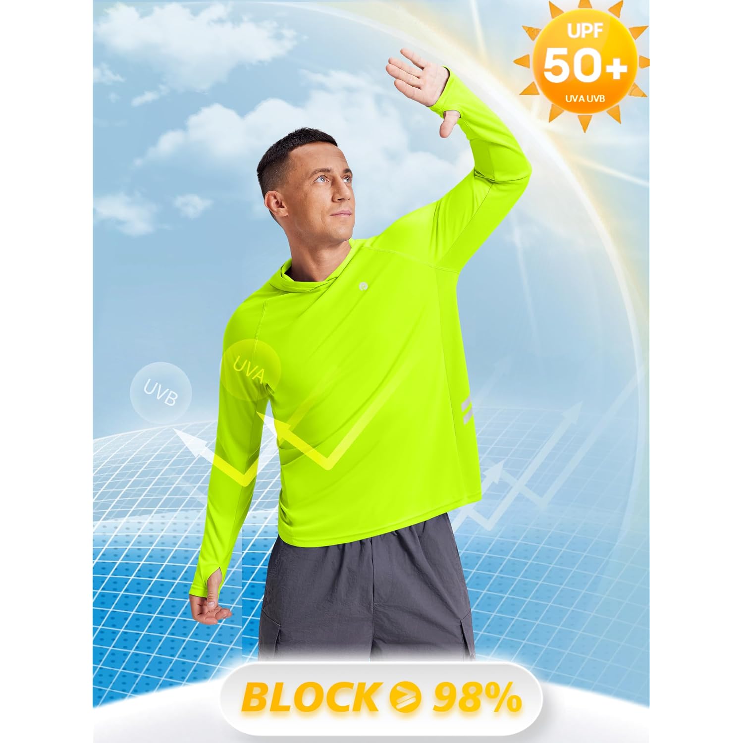 Pinspark Men'S Upf 50+ Sun Shirts Long Sleeve Fishing Hoodie, Uv Protection Rash Guard For Outdoor Hiking Running Swim Shirt
