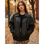 Hathne Women'S Oversized Leather Jackets Faux Zip Up Fall Fashion Motorcycle Jackets Coats Winter Clothes