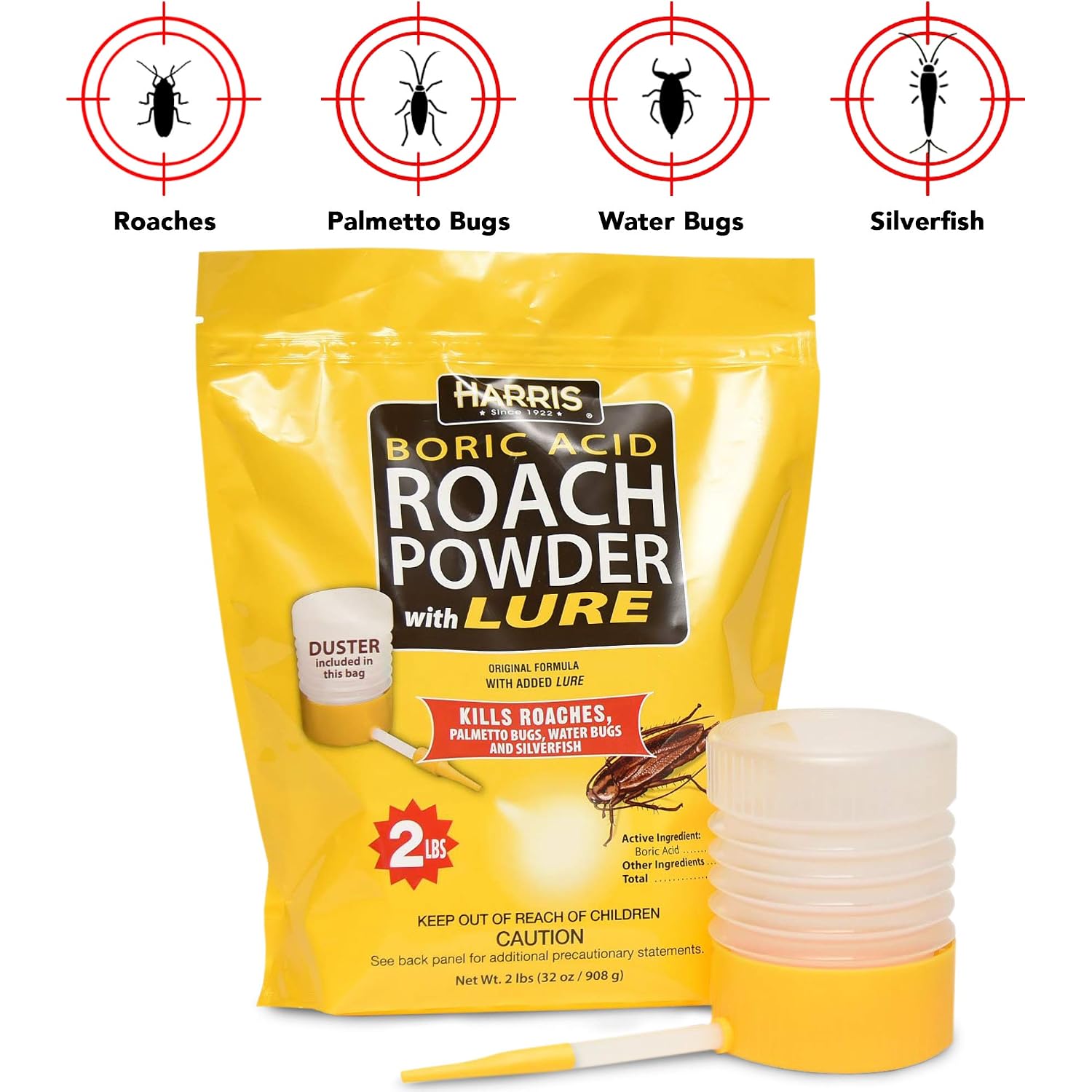 Harris Boric Acid Roach And Silverfish Killer Powder W/Lure, Powder Duster Included In The Bag (32Oz)