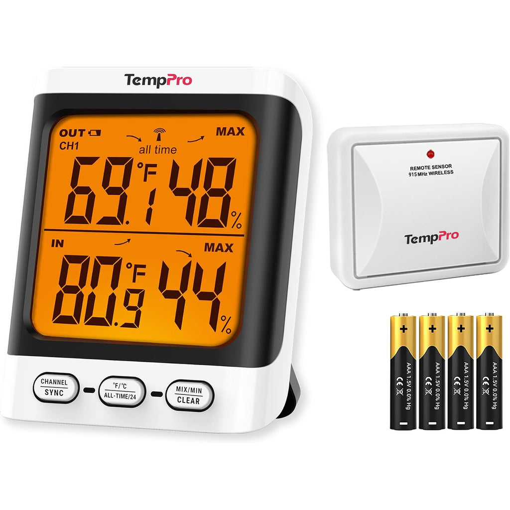 Temppro Tempair 500 Ft Indoor Outdoor Thermometer Wireless With Sensor | 3.3" Lcd Backlit Display, Front Button, Outside Thermometer With Cold-Resistant Sensor For Patio Garage, Batteries Included