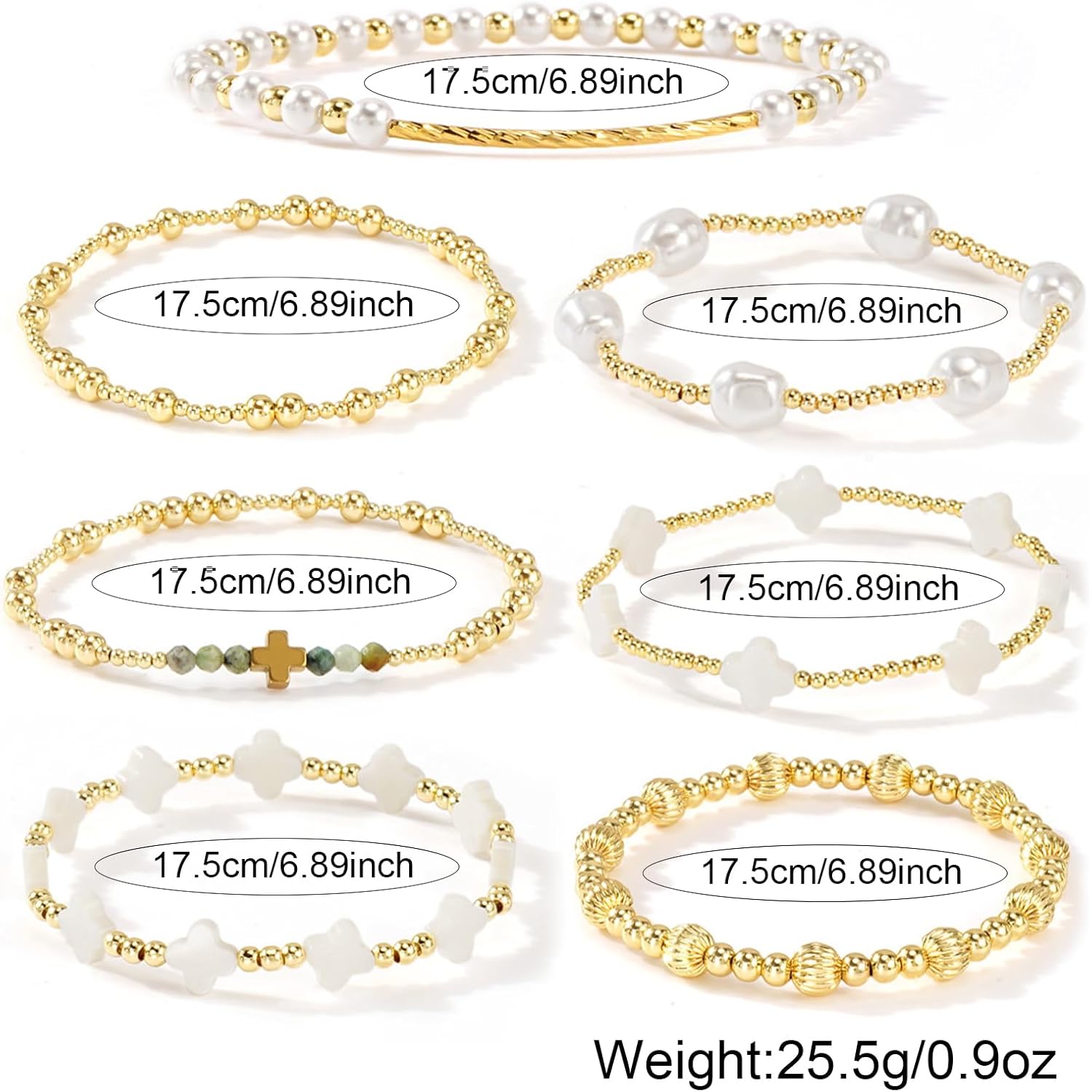 Dainty Cross Clover Gold Beaded Pearl Bracelet Stack for Women,Handmade Boho Gold Plated Beads Stretch Stackable Bracelets Fashion Birthday Prom Jewelry Accessories Mothers Day Gifts Friendship