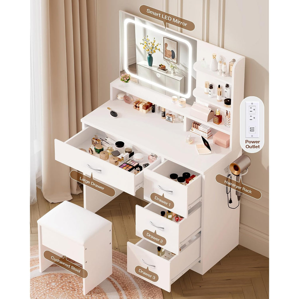 Livelyglow White Makeup Vanity Desk With Charging Station & 4 Drawers | Smart Led Mirror, Cushioned-Stool, Hairdryer-Rack