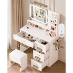 Livelyglow White Makeup Vanity Desk With Charging Station & 4 Drawers | Smart Led Mirror, Cushioned-Stool, Hairdryer-Rack