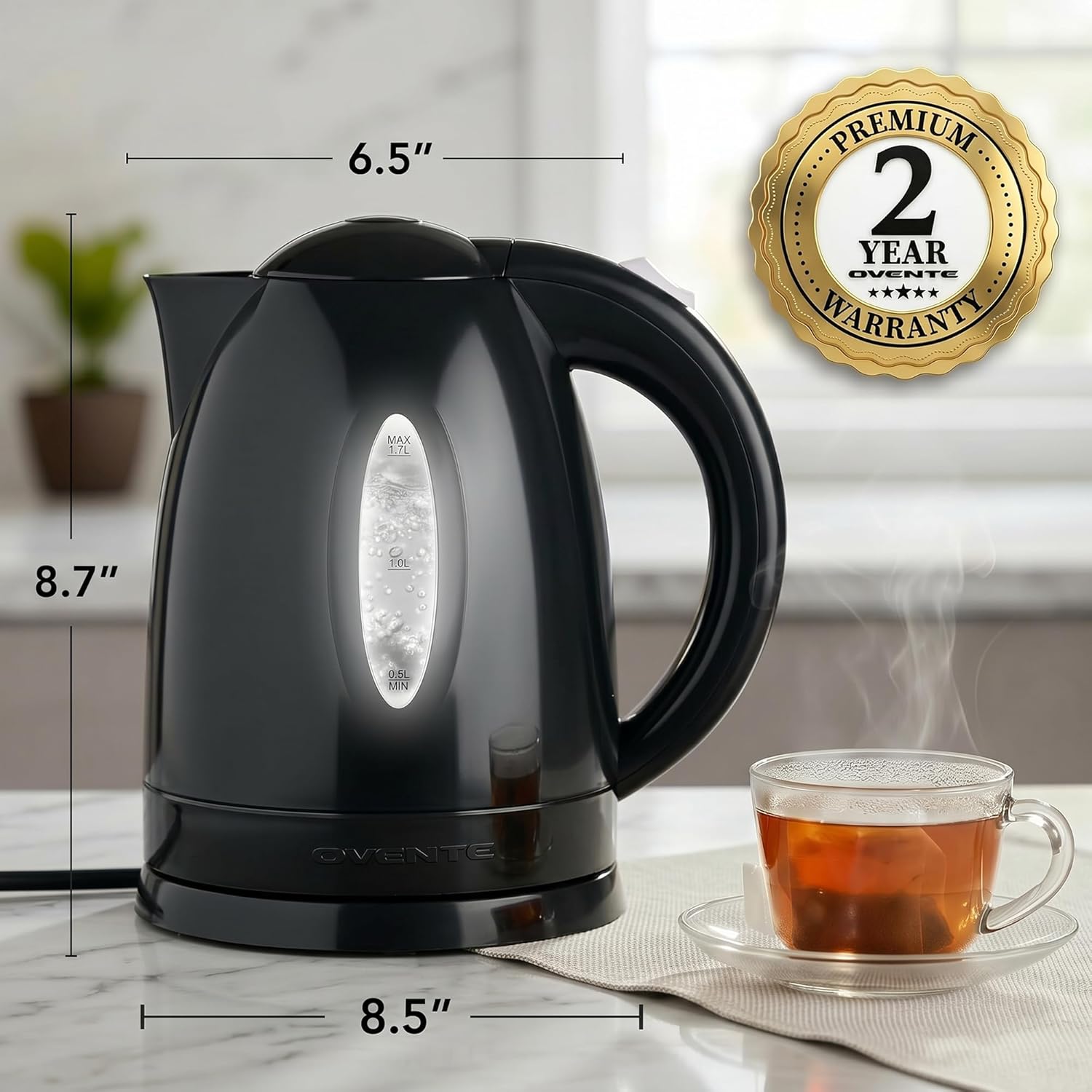 OVENTE Electric Kettle, 1.7L Fast Boiling Water Heater for Coffee or Tea, BPA Free with Water Level Gauge, Auto Shut-Off, Boil-Dry Protection, Indicator Light and Removable Filter, Black KP72B