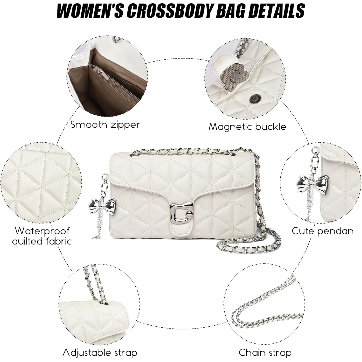 Quilted Crossbody Bags For Women - Small Leather Cross Body Shoulder Handbags Satchel Designer Evening Chain Purses | Cute Pendant Charm