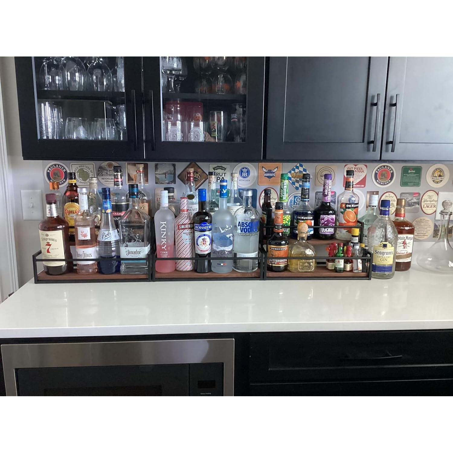 Thygiftree Liquor Bottle Display Shelf, 2 Tier Coffee Syrup Rack Organizer & Bar Shelf Stand For Liquor, Whiskey, Olive Oil, Kitchen Counter & Home Bar Storage