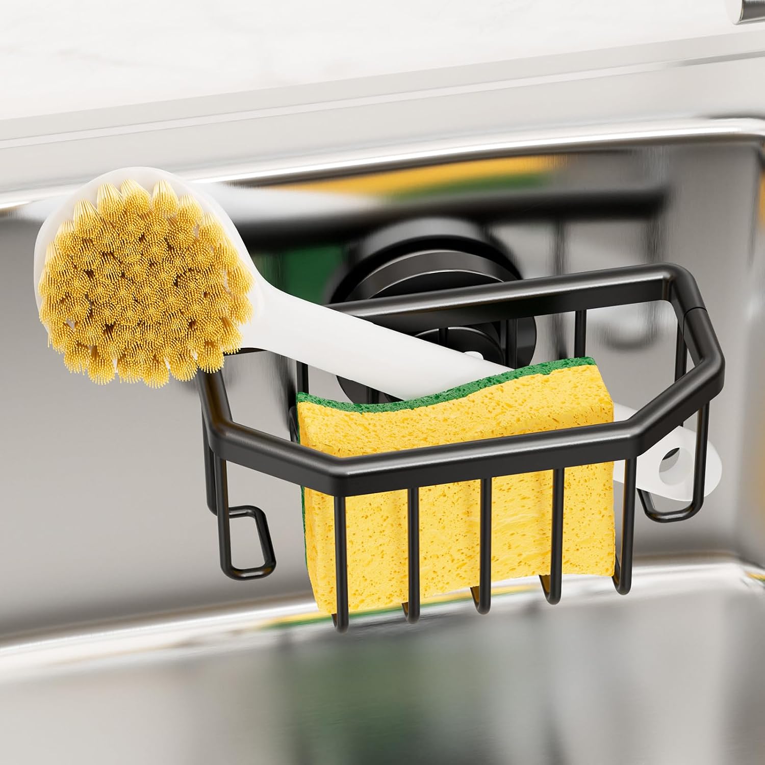 Taili Sponge Holder With Strong Suction Cup, Dish Sponge Caddy Inside Sink Removable, Rustproof Aluminum For Sponges, Brushes, Stoppers And Scrapers - Black