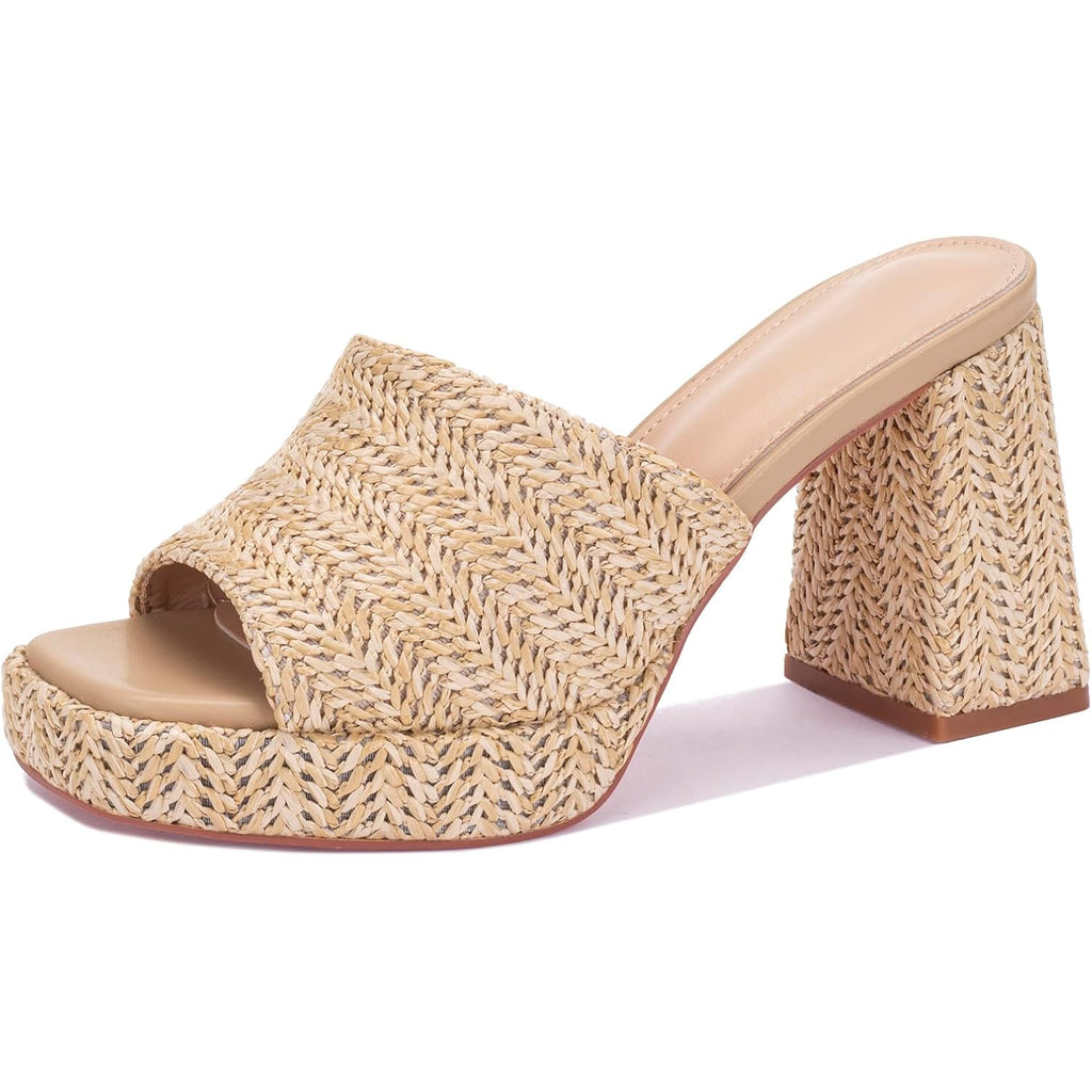 Monrovia Raffia Heeled Sandals For Women，Platform Wedge Slip On Block Heel, Dressy Summer Open Toe Chunky High Heel Vacation Beach Slides Sandals