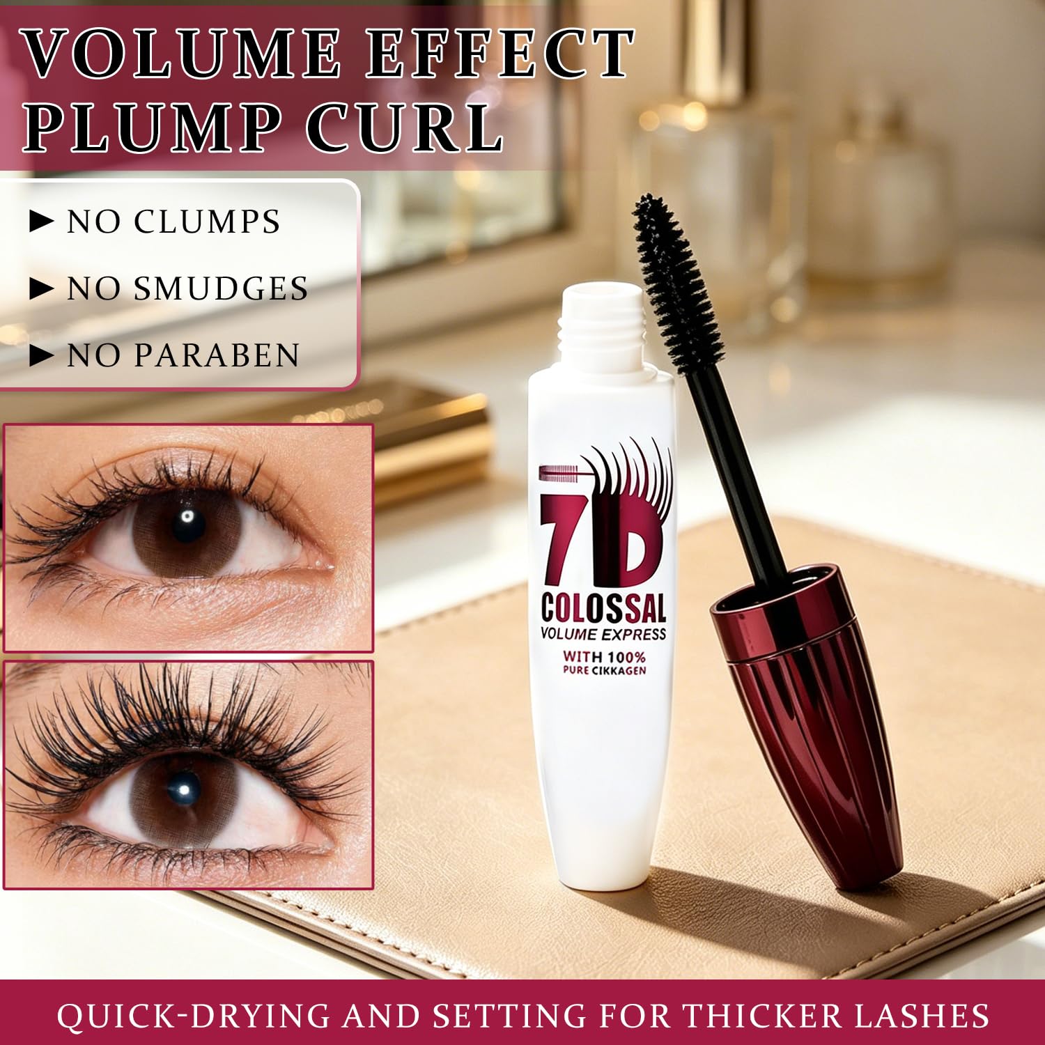 2Pcs 7D Waterproof Mascara, Long-Lasting & Buildable Volume, Natural Length, Exquisitely Full Lashes, Smudge-Proof, Thickening Eye Makeup for Defined Curl, Ideal for Women Eye Makeup