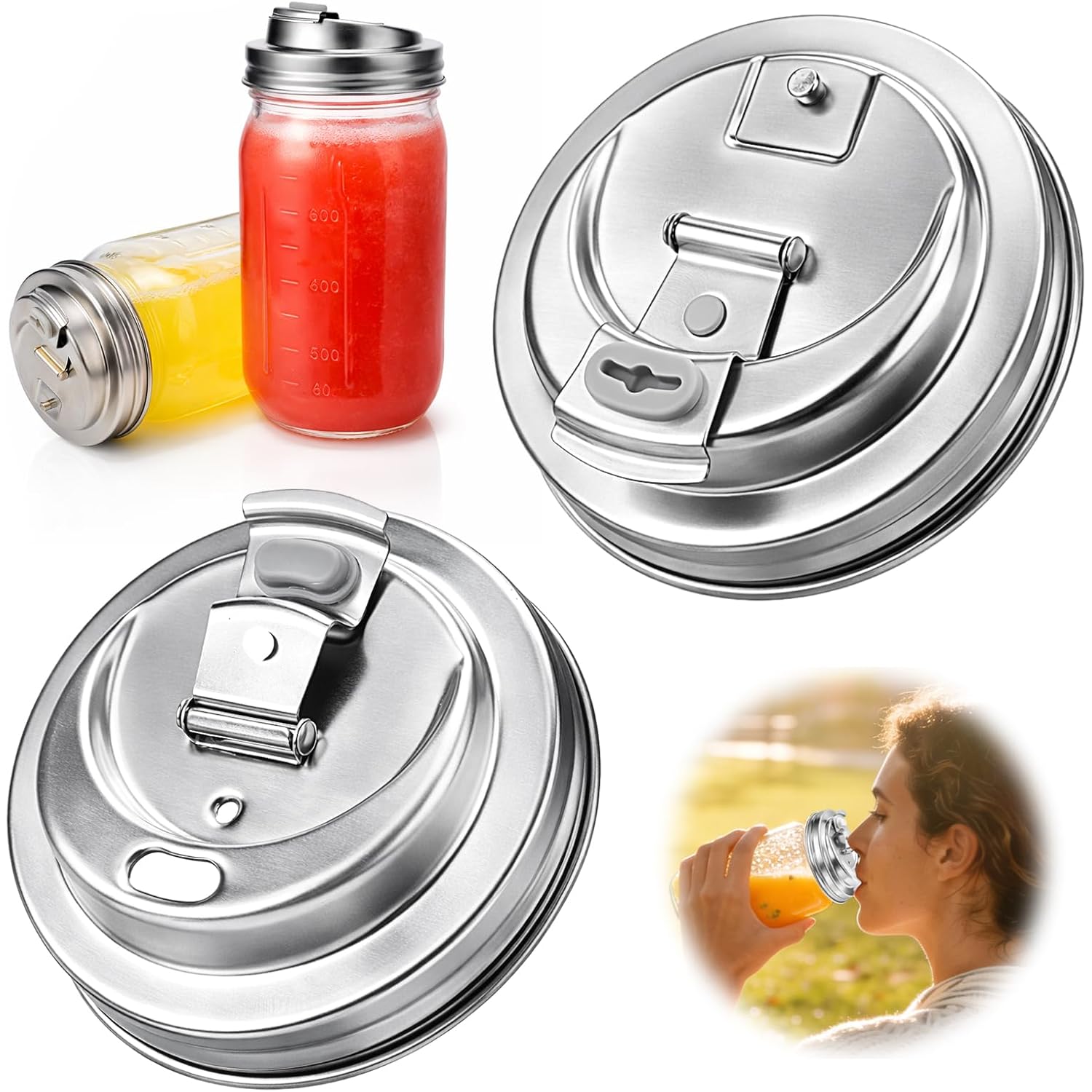 XUNWKONG Mason Jar Drinking Lids, Wide Mouth Stainless Steel Sip Lids for Iced Coffee, Smoothies & Cold Drinks, Leak Resistant Reusable Mason Jar Drink Lid, Heavy Duty Metal, 2 Packs