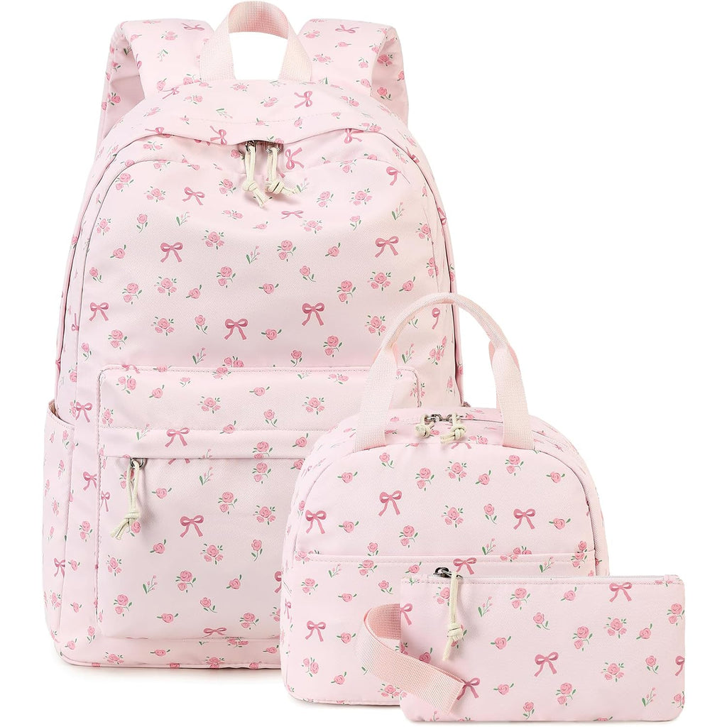Bluboon Teen Girls School Backpack Kids Bookbag Set With Lunch Box Pencil Case Travel Laptop Backpack Casual Daypacks (Pink Bow Tie)