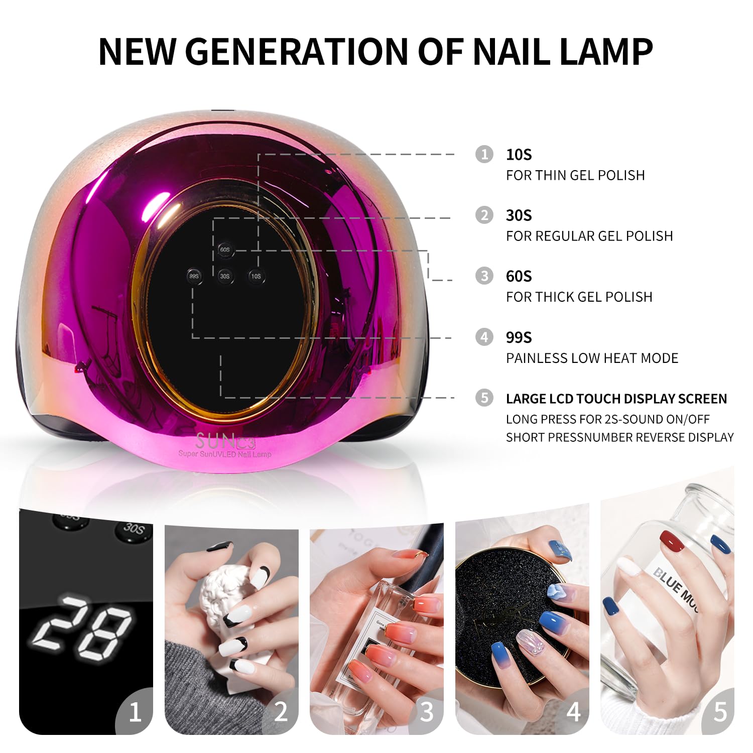 MIRAGE LAYON Professional UV Light for Gel Nails - 63 LED Beads with Auto Sensor & 4 Timer Settings, High-Power LED/UV Lamp for Fast Curing, Salon & Home Gel Polish Dryer