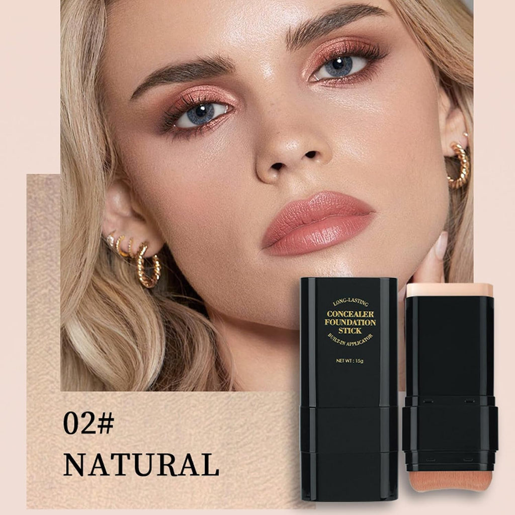 Foundation Stick,2 In 1 Dual-Ended Long-Lasting & Waterproof Concealer Korean Foundation Contour Sticks,Contouring Foundation With Brush,Full Coverage Matte Finish For Face Makeup(02Natural)